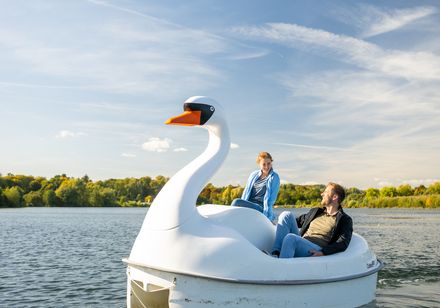 Een stel in een zwanenvormige waterfiets op het Schiedermeer bij zonnig weer