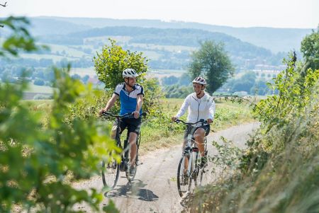 Fietser op een pad in de groene natuur bij Bad Driburg