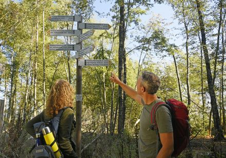 Twee mensen voor een wandelwegwijze