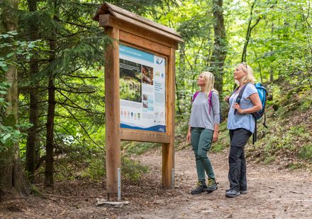 Twee vrouwen in wandelkleding bekijken een wandelbord