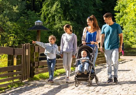 Familie met kinderwagen in het dierenpark Olderdissen