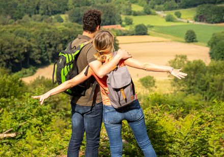Stel met uitgestrekte armen, met uitzicht op het landschap
