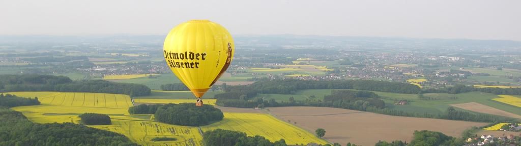 Gele heteluchtballon vliegt over landschap met velden