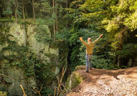 Man strekt zijn armen in de lucht en staat bij het ravijn bij de oude spoorlijn