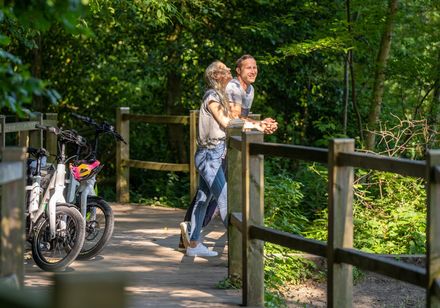 Twee mensen naast fietsen op een houten brug