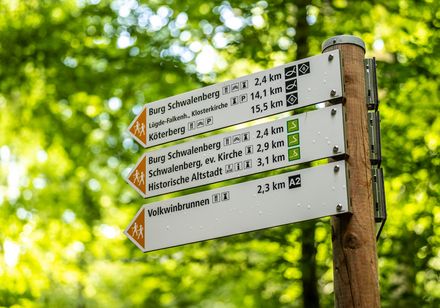 Schilder mit Wanderwegen in der Wanderregion Teutoburger Wald
